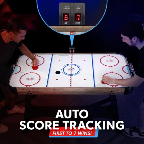 Miniatura 3 de GoSports Mesa arcade de hockey de aire de 54 pulgadas para niños y adultos, roble o negro, incluye 2 empujadores, 3 discos, motor de CA y marcador