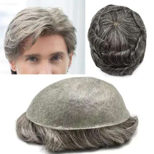 Miniatura 46 de Toupee para hombres pieza de pelo 0.002 in piel ultra fina para hombre Toupee cabello humano gris sistema de reemplazo para hombres sistema