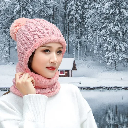 Miniatura 3 de Gorros de invierno para mujer, de una pieza, con forro polar, de punto, pasamontañas, con cuello de calavera, bufanda circular, sombrero de nieve
