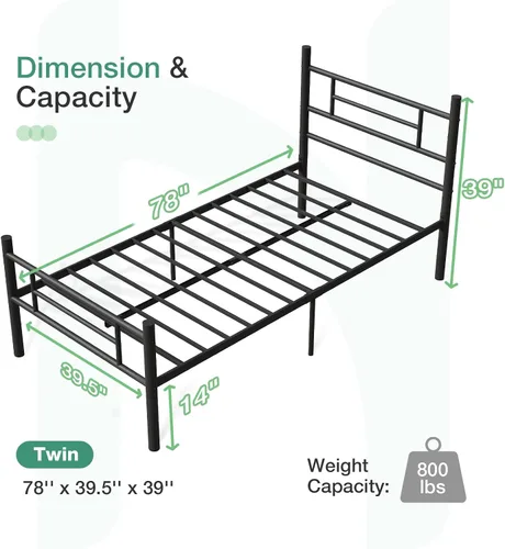 Miniatura 2 de Novilla - Base de cama individual con cabecero y estribo, base de cama de plataforma metálica de 14 pulgadas, almacenamiento debajo de la cama