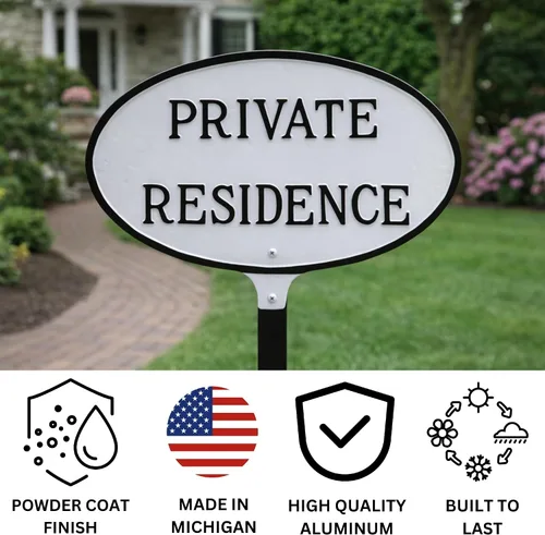 Miniatura 3 de Montague Metal Products Letrero de residencia privada – Placa de metal ovalada blanca y negra con estaca para césped, 8.5 x 13 pulgadas, letrero