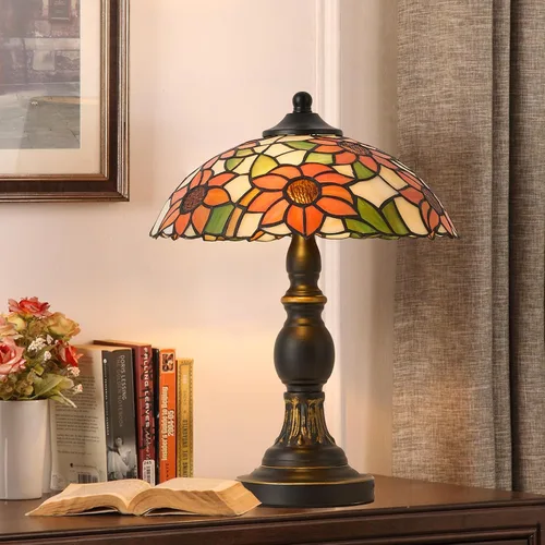 Miniatura 14 de Lámpara de mesa estilo Tiffany, lámpara de mesa de vidrio manchado, lámpara de decoración antigua artesanal para mesita de noche, dormitorio, sala