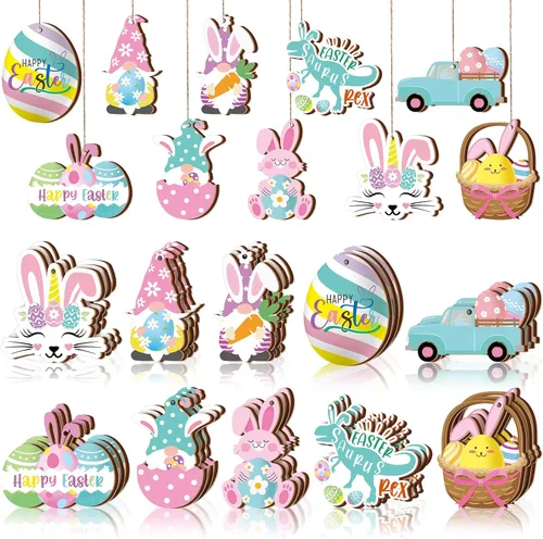 Chunful 30 adornos de Pascua para árbol, feliz Pascua, adornos colgantes de madera, huevos de primavera pastel, zanahoria, conejo, cesta de árbol,