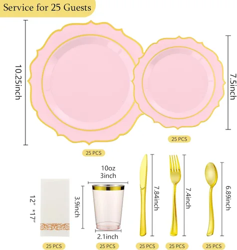 Miniatura 3 de 175 PCS Platos de Plástico Rosa para 25 Invitados, Juego de Vajilla Desechable Rosa y Dorado para Fiestas y Bodas Incluye 25 Platos de Cena y 25
