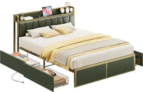 Miniatura 9 de LIKIMIO Armazón de cama Queen con 4 cajones de almacenamiento, cama de plataforma con cabecera con carga, resistente y estable, sin ruido, no Verde