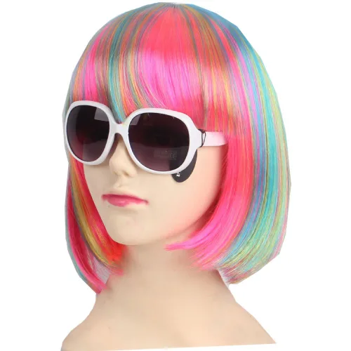 KOLIGHT Pelucas de Halloween cortas y rectas coloridas de moda para mujeres y niñas, repuesto para disfraz de cosplay, pelucas de pelo con gorra +