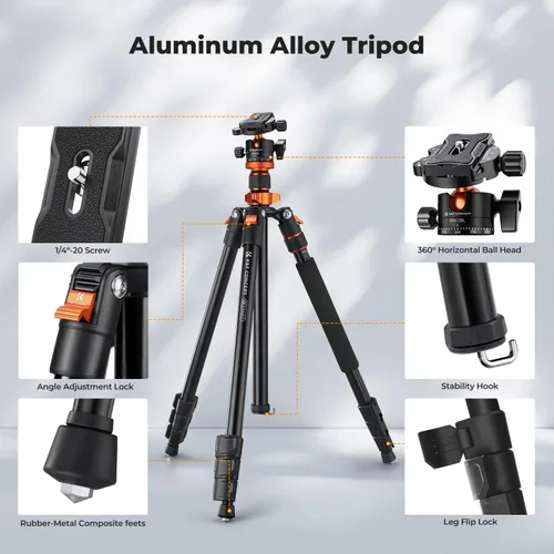 Miniatura 4 de K&F CONCEPT Trípode para cámara, trípode de aluminio de 78 pulgadas, trípodes y monopies de 81 pulgadas, trípode de viaje estable y resistente