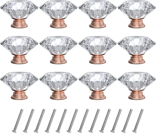 Miniatura 8 de Tomorotec Elegantes tiradores de cristal en forma de diamante para cajones, juego de 12 con base dorada y tornillos, 1.2 pulgadas, ideal