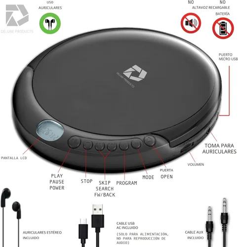 Miniatura 7 de Deluxe Products Reproductor de CD portátil con protección antideslizante de 60 segundos, auriculares estéreo, incluye cable de entrada auxiliar