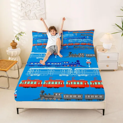 Miniatura 10 de Feelyou, juego de sábanas ajustadas con temática de construcción, niños, dinosaurios de dibujos animados, juego de ropa de cama para niños, Multi 37