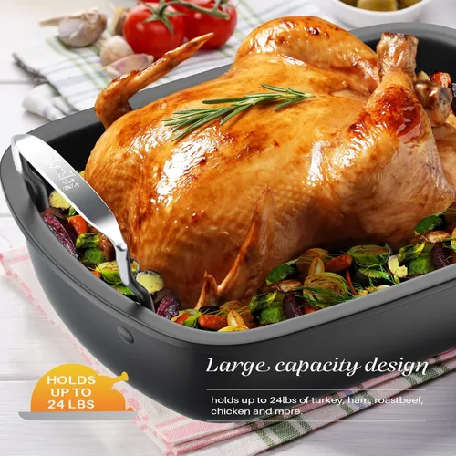 Miniatura 2 de Sartén antiadherente para asar pavos con estante, sartén para pavo de 17 x 13 pulgadas, sartén grande para carne y verduras, (plateado)