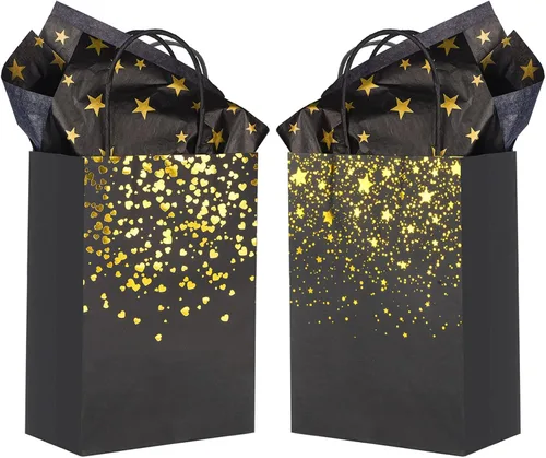 Sharlity Bolsas de regalo pequeñas de color negro y dorado, 24 bolsas de papel de fiesta con papel de seda de estrella para Halloween, Año Nuevo,