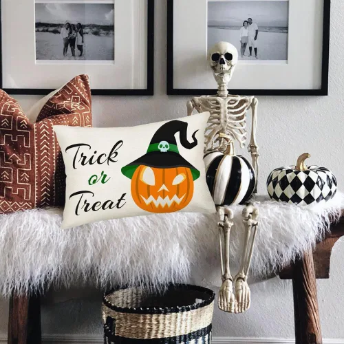 Miniatura 4 de Fundas de almohada de Halloween de truco o trato, de lino y algodón, calabaza espeluznante con sombrero de bruja, letrero de calavera de 12 x 20