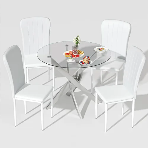 Miniatura 7 de Set de mesa de comedor redonda QJZLXKYT para 4, mesa moderna de comedor de vidrio con sillas, juego de mesa y sillas de cocina de 5 piezas