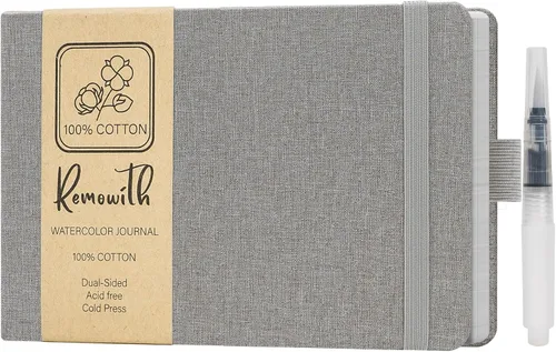 Miniatura 12 de Cuaderno de bocetos de acuarela, 5.5" x 5.5" Libros de bocetos para artistas, cuaderno de papel de acuarela de algodón, cubierta de lino con pluma