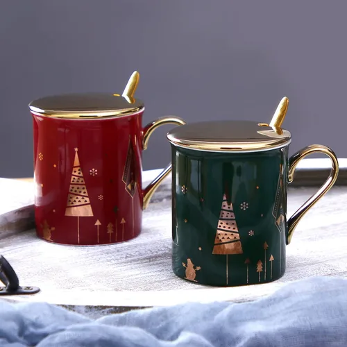 Miniatura 5 de Juego de tazas de café navideñas con mango dorado, cuchara, tapa, elegante taza de agua decorativa de cerámica para mujeres y niñas, taza