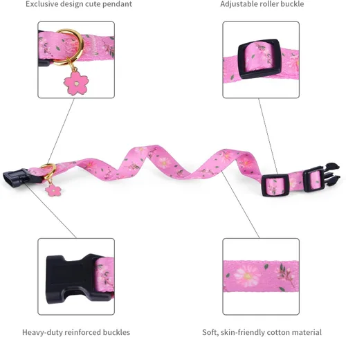 Miniatura 4 de Collar de perro de algodón hecho a mano para perros pequeños, medianos y grandes, flores rosadas con colgante, lindos collares de perro (M)