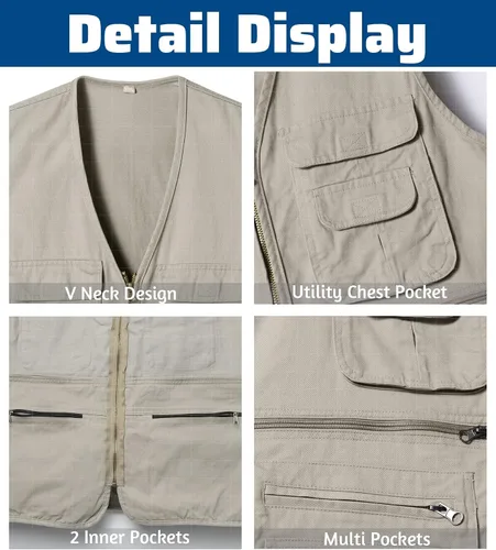 Miniatura 4 de Chaleco de pesca para hombre con múltiples bolsillos, sin mangas, chaleco de caza, safari, viajes, al aire libre, chaleco casual