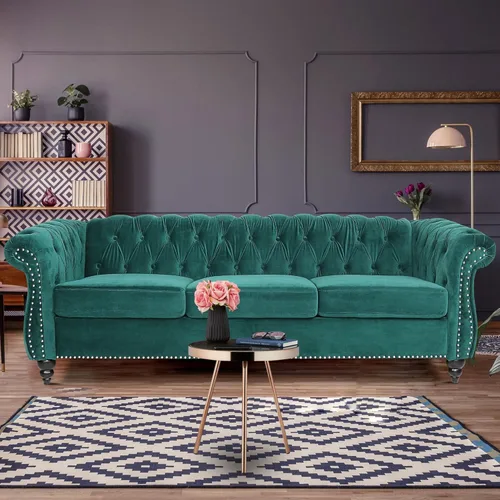 Miniatura 39 de ORRD - Sofá Chesterfield de Terciopelo, Sofá Moderno de Terciopelo con 3 Asientos con Brazos Enrollados y Clavos para Sala de Estar, Dormitorio