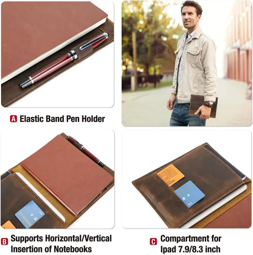 Miniatura 6 de Top Grain Leather - Padfolio de 8.3 pulgadas para hombres y mujeres, diseño vintage hecho a mano, organizador multifuncional de cartera de negocios
