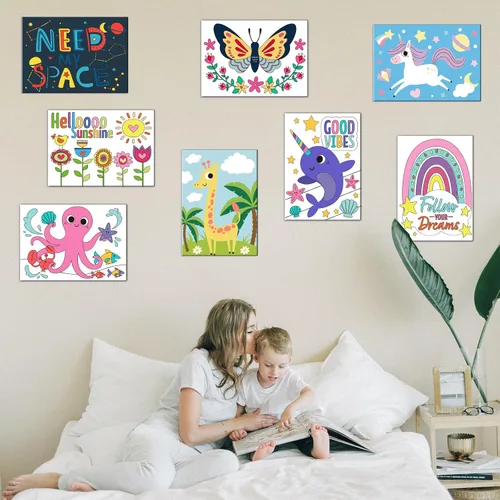 Miniatura 6 de goldentime Juego de 8 lienzos predibujados de 5 x 7 pulgadas, pintura por números para niños, 48 pinturas, 8 pinceles, 2 caballetes, kit de pintura