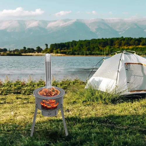 Miniatura 2 de Estufa de cohete portátil de leña con tubo de chimenea, estufa de camping de acero resistente con parrilla para calefacción de tienda de campaña
