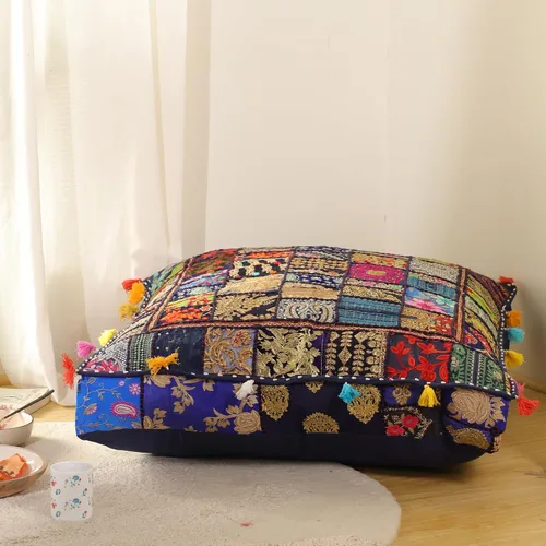 Miniatura 14 de THE ART BOX Almohadas de Suelo y Fundas de Cojín de Algodón Patchwork Vintage Boho Bordadas, Puf para Perro, Puf de Asiento, Almohada de Meditación