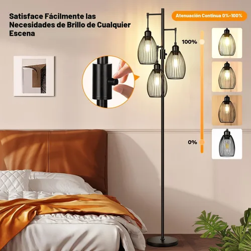 Miniatura 3 de Lámpara de pie regulable, 3 bombillas LED Edison de 800LM incluidas, lámpara de pie industrial de granja lámpara de árbol de pie con elegante jaula