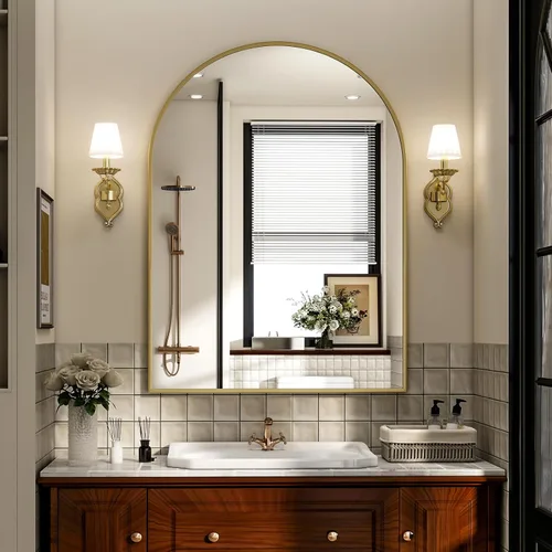 Miniatura 15 de Espejo de Baño con Arco, Espejo de Baño Arqueado de 20x30 pulgadas/Espejo de Tocador Montado en la Pared - Espejo de Pared con Marco de Metal Negro
