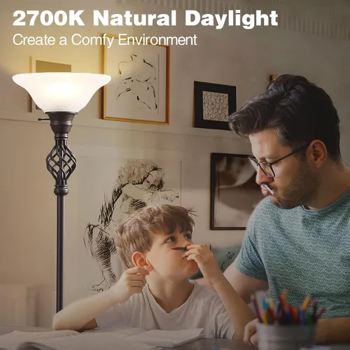 Miniatura 3 de Torchiere - Lámpara de pie para sala de estar, luz LED de lectura de pie para dormitorio con pantalla de vidrio para sala de estar, esquina