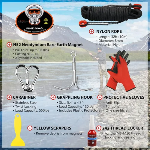 Miniatura 2 de FINDMAG - Kit de pesca con imán con estuche, imanes de pesca de 1000 libras, fuerza de tracción, imán redondo de neodimio súper fuerte para uso