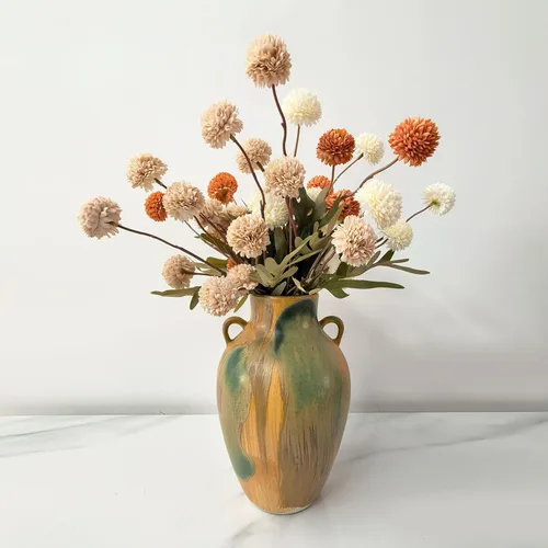 Miniatura 5 de Cerámica de Terracota – Jarrón Decorativo Único de Estilo Rústico de 10" con Asa, Jarrón Bohemio Neutro Verde Esmaltado Amarillo Tierra