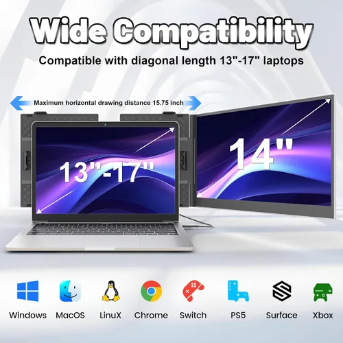 Miniatura 4 de domyfan Extensor de pantalla para portátil de 14 pulgadas, extensor de monitor dual portátil ultrafino con pantalla IPS FHD 1080P, Plug & Play a