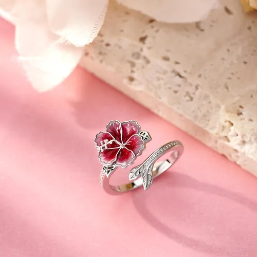 Miniatura 3 de Anillo de hibisco Anillo de flor hawaiana con joyería de hibisco de plata de ley ajustable abierta para mujer, talla 7