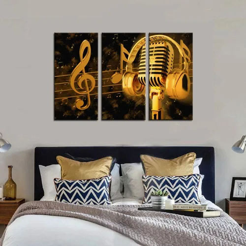 Miniatura 5 de Biuteawal - Pinturas artísticas musicales, arte de pared, micrófono de metal dorado y auriculares, nota de imagen, lienzo con impresión giclée