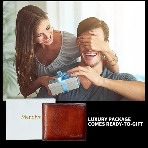 Miniatura 8 de Cartera de piel auténtica para hombre, con bloqueo RFID, plegable, elegante, con 2 ventanas de identificación, Marrón, Minimalista