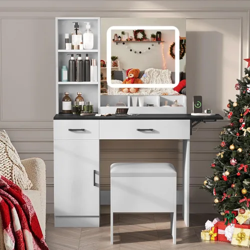 Miniatura 9 de NUNU LAB Escritorio tocador con espejo y luces con 6 cajones y 4 armarios, gran mesa de maquillaje para mujeres con toma de corriente, iluminación