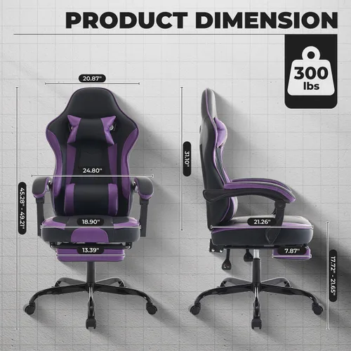 Miniatura 3 de Silla de escritorio para juegos para adultos, silla ergonómica para juegos con reposapiés, reposacabezas y soporte lumbar, material de cuero, altura