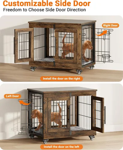 Miniatura 5 de YaFiti Mueble de jaula para perros con cojín, perrera de madera para interiores con puertas dobles, jaula para perros con ruedas, mesa auxiliar