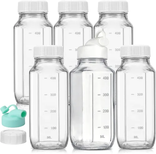 Miniatura 9 de CUCUMI 5 botellas de jugo de vidrio de 16 onzas con tapas, recipientes reutilizables para jugo, tarros de agua con cepillo, popotes de vidrio, tapas