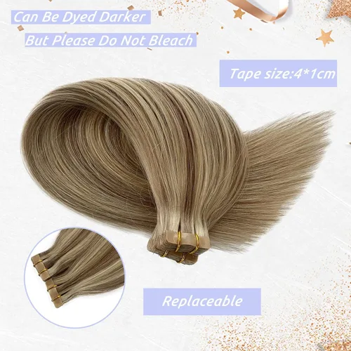 Miniatura 6 de Extensiones de cabello humano rubio con cinta, reflejos rubio ceniza y rubio platino, extensiones de cabello rubio platinado, cinta adhesiva