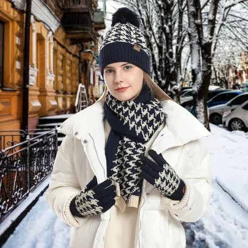 Miniatura 6 de Conjunto de gorro de invierno cálido para mujer, bufanda larga, guantes para pantalla táctil, clásico a cuadros, de punto calavera, bufandas