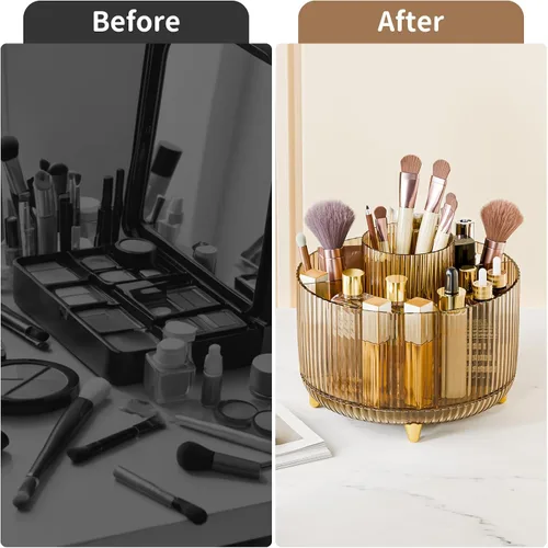 Miniatura 6 de Organizador de maquillaje giratorio transparente para tocador, organizador de brochas de maquillaje de 360° con 5 compartimentos, almacenamiento