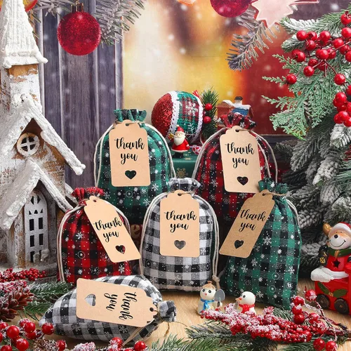 Miniatura 2 de Shappy 48 bolsas navideñas con cordón ajustable, bolsas de dulces de arpillera a cuadros búfalo de Navidad, saco de golosinas de lino, bolsa