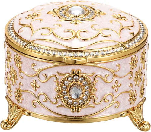 Hipiwe Joyero de metal pequeño, caja de tesoros, organizador de joyas redondo vintage, soporte para anillos, joyero esmaltado para aretes, collar,