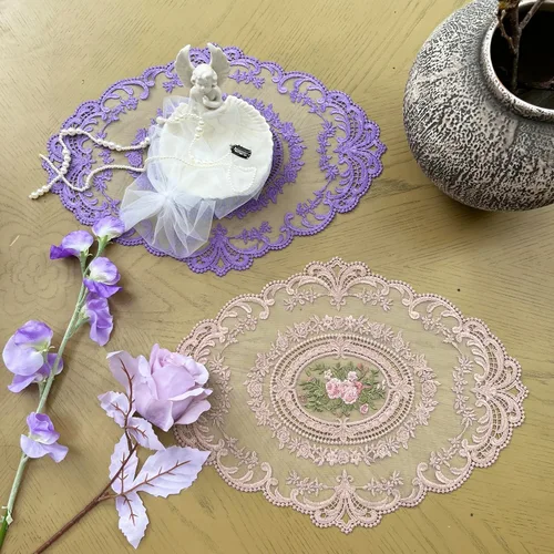 Miniatura 3 de Paquete de 2 manteles individuales de encaje estilo francés retro bordados de moda para jarrón de 12 x 16 pulgadas (pasta de frijoles en polvo)