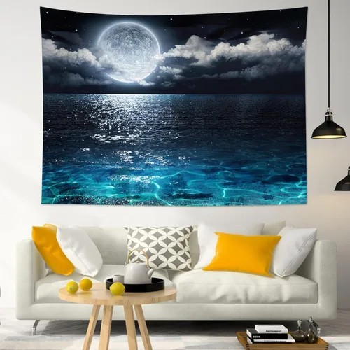 Miniatura 3 de LB Tapiz de cielo nocturno, luna llena en el mar, tapiz para colgar en la pared, tapiz de nube blanca de fantasía, tapiz de acuarela, arte de pared