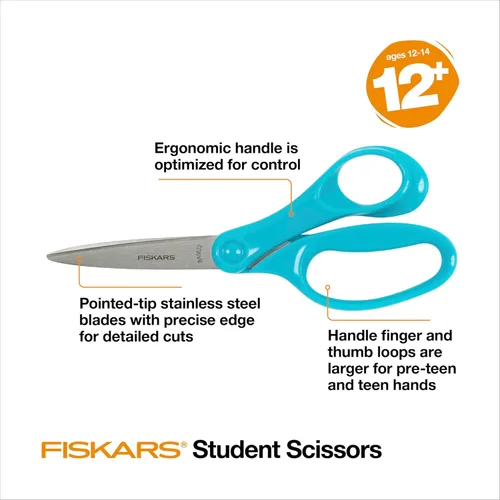 Miniatura 3 de Fiskars Tijeras para estudiantes de 7 pulgadas para niños de 12 a 14 años, tijeras para la escuela o manualidades, suministros de regreso a