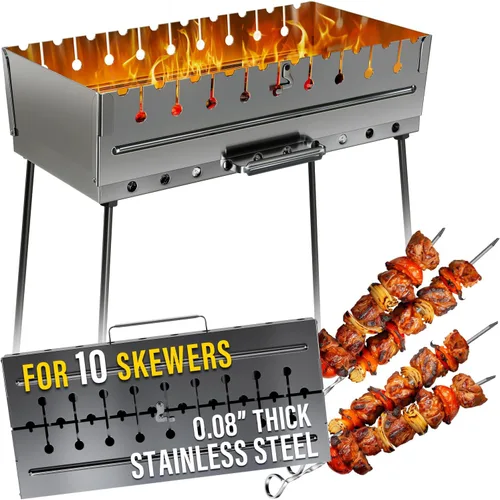 Miniatura 9 de MHH Parrilla de carbón para 8 pinchos - Barbacoa portátil de 43 cm × 30 cm × 43 cm Parrilla de camping para pinchos - Mangal de metal plegable