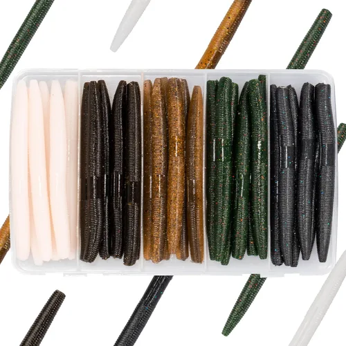 Miniatura 7 de 30/50/78/100 piezas Senko Worms Kit - Señuelos de pesca de plástico suave de 4"/5" con impregnación de sal para pesca de lubina Varios colores A